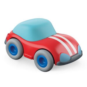 Toy car with red body, white racing stripes blue roof, and gray wheels on a white background