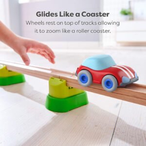 Toy car on a track with text describing how it glides like a roller coaster