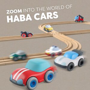 HABA toy cars on a track with 'Zoom into the world of HABA Cars' text.