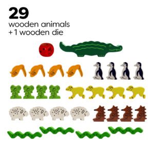 Animal Upon Animal includes 29 wooden animals & 1 wooden die,
