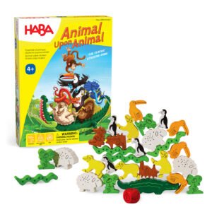 Animal Upon Animal Stacking Game box with wooden pieces stacked in front
