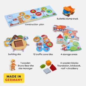 1 Kullerbü Dump Truck, 1 wooden Bruno Bear the site manager, construction plan, building site, 4 wooden blocks (foundations, brickwork, roof, shrubbery), 4 storage areas (foundation, brickwork, roof, shrubbery), 12 traffic cone tiles