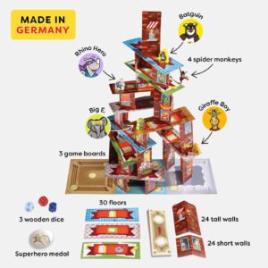 Rhino Hero Super Battle game components:  Batguin, Rhino Hero, Giraffe Boy and Big E. game pieces, 4 spider monkeys, 3 game boards, 3 wooden dice, 1 Superhero medal, 30 floor cards, 24 tall wall cards, and 24 short wall cards. Made in Germany