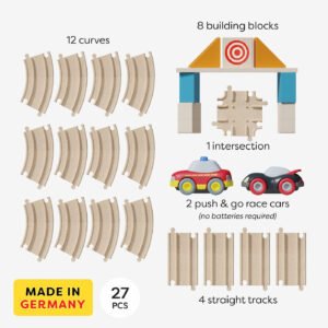 HABA Cars My First Racetrack includes 12 curves, 4 straight tracks, 8 building blocks, 1 intersection, and 2 push & go race cars (no batteries required). Made in Germany