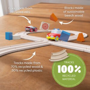 Toy car track set on a table highlighting eco-friendly materials used for cars, blocks, and tracks. with the words 