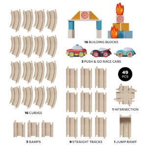 HABA Cars track set with 16 building blocks, 3 race cars, and 30 various track pieces on a white background.