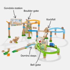 Kullerbu Mountain Adventure Track Set includes gondola station, a boulder gate, a rockfall, a bell gate, domino steps, 3 wooden balls, and a blue truck
