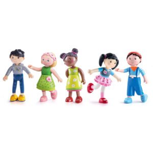 Set of five colorful HABA Little Friends toy figures on a white background