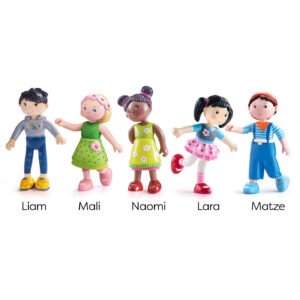 Five Little Friends toy figures labeled Liam, Mali, Naomi, Lara, and Matze on a white background.