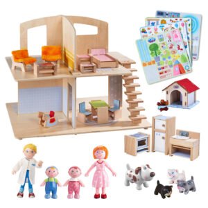 Little Friends Ultimate Dollhouse Bundle with wooden dollhouse, furniture, dolls, and pets on a white background