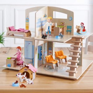 Wooden Little Friends dollhouse with furniture and dolls on a wooden table