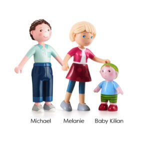Three Little Friends toy figures labeled 'Michael', 'Melanie', and 'Baby Kilian' on a white background.