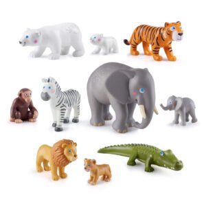 Set of toy Little Friends animal figures including a polar bear, tiger, elephant, zebra, monkey, lion, and crocodile on a white background.