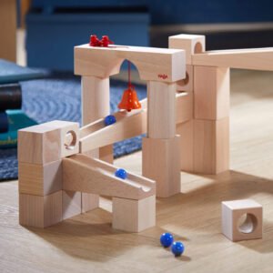 HABA Marble Run Wooden Ball Track Set with blue marbles and hanging bell