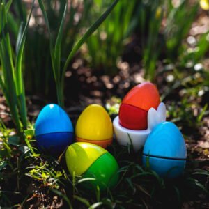 A set of wooden Musical Eggs sitting on the grass