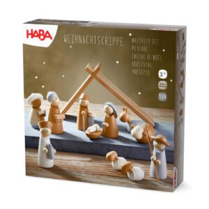 HABA nativity set packaging with wooden figures and stable on a white background