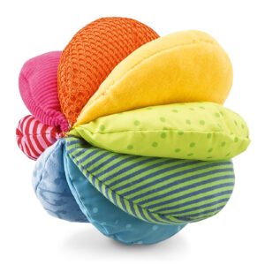 Colorful, multi-textured plush ball with various patterned segments.