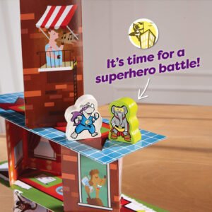 Close up of rhino and elephant game pieces on the Rhino Hero Super Battle card tower with the words 