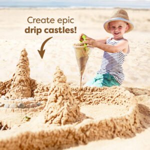 Child building drip sandcastles with the Spilling Funnel on a sandy beach. Text reads 