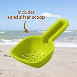 Bright green sand sifter scoop on a beach with the ocean in the background. Text reads 